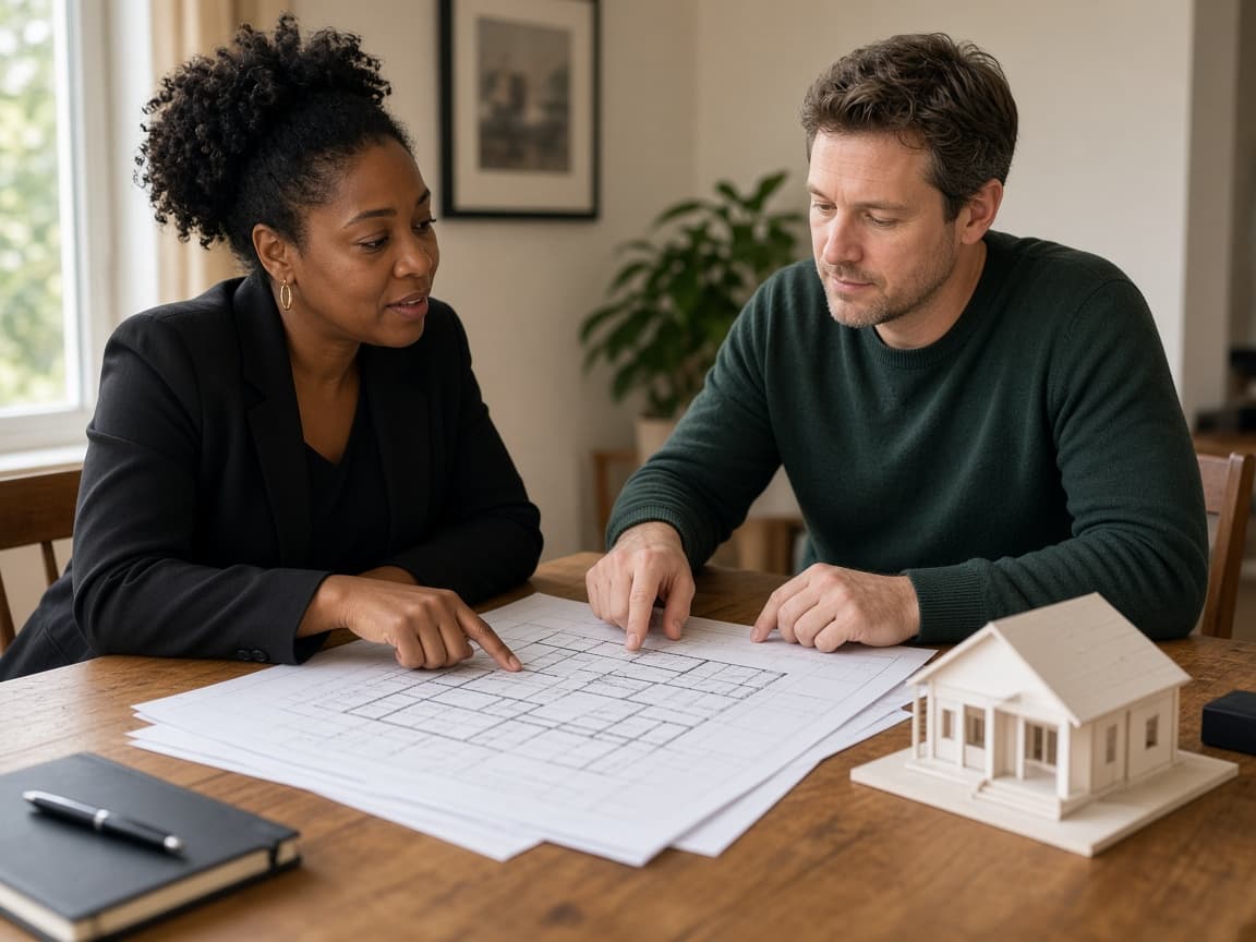Designer and homeowner reviewing permit drawings for a home project